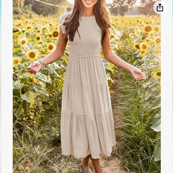 NWT ZESICA Women's Flutter Short Sleeve Smocked Midi  Summer Tiered A Line Dress - Picture 6 of 10